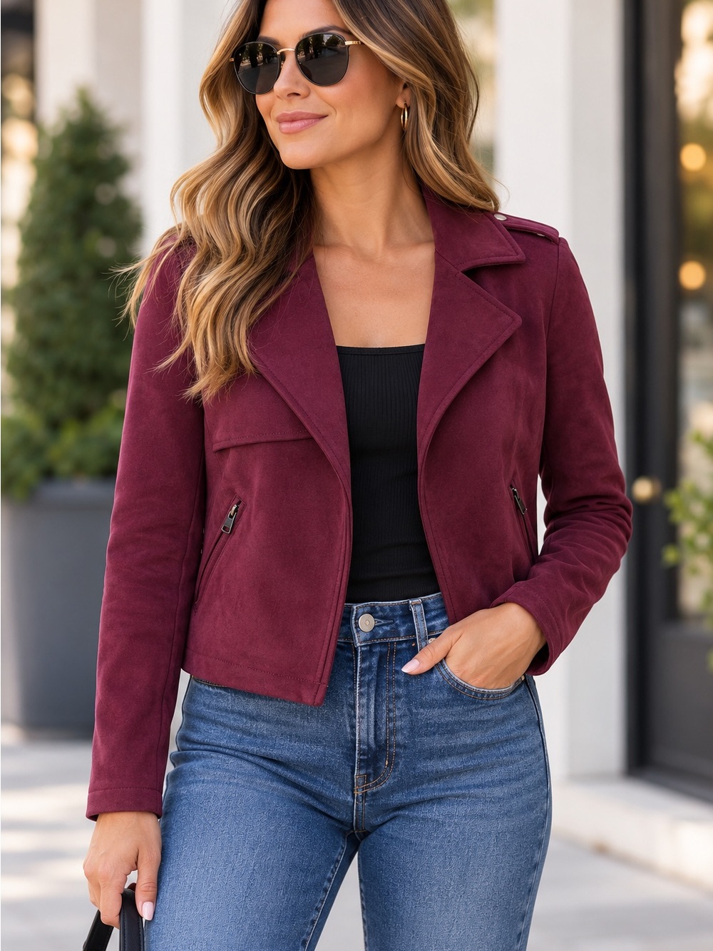 Bagatelle Womens S Burgundy Faux Suede Moto Jacket Short City Chic Fall Layering